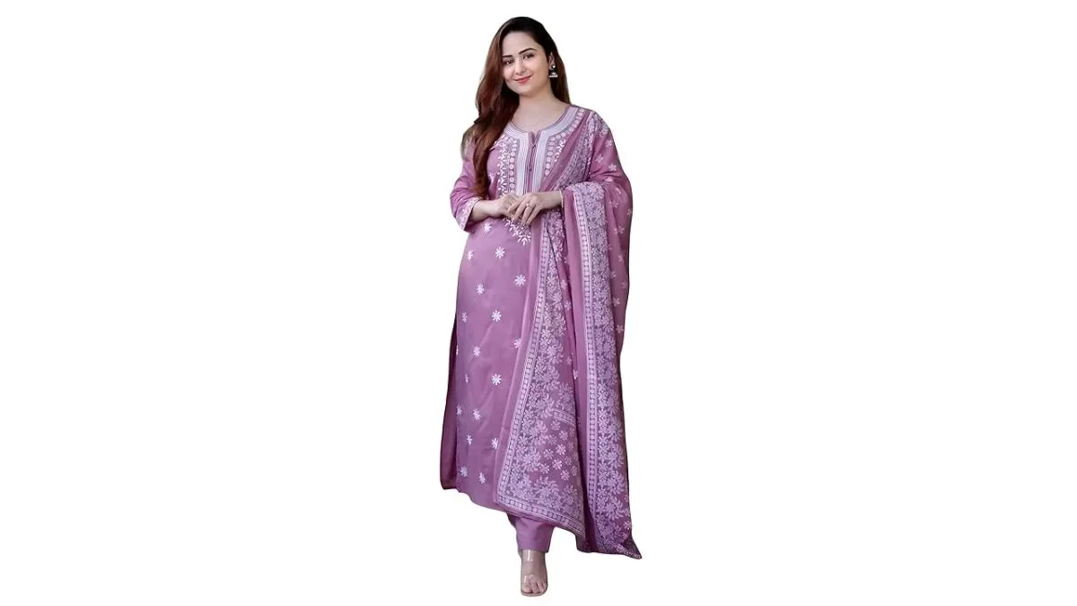 BHARVITA Women's Cotton Embroidered Chikankari Work Straight Kurta Dupatta Pant Set