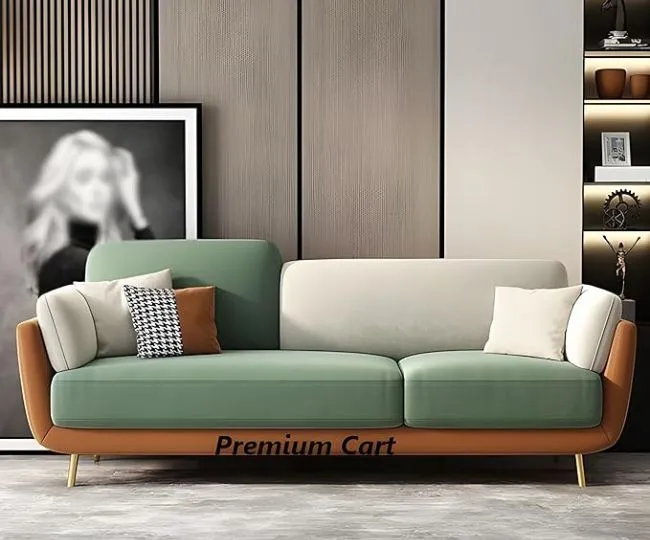 Velvet Contemperory Sofa with Cushion Chaise Lounge Sectional Sofa Perfect for Living Room & Bedroom Guests Home & Office (Velevt Green & Beige, 3 Seater