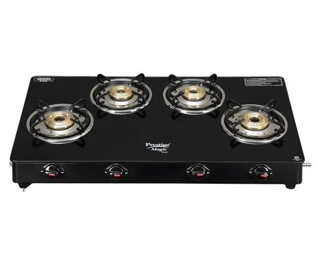 Prestige Magic plus Toughened Glass-Top(Long)4 Brass Burner LPG Gas Stove (GTMP-04L)| Black Spill Proof Design | Ergonomic Knob | Tri-Pin Burner