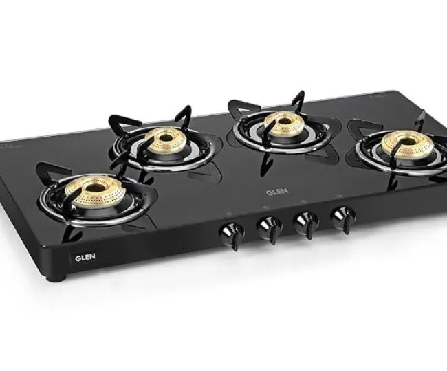 Glen 4 Burner LPG Gas Stove Toughened Glass Top | 1 Jumbo Brass Burner | Extra Wide Design | Manual Ignition | 360 Revolving Inlet Nozzle | Black | 2 Years Warranty | 1044GTXL