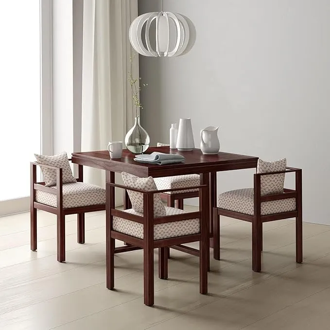 Sheesham Wood 4 Seater Dining Table with 4 Cushion Chairs for Living Room Home Office Dining Room Wooden Furniture Dinner Table Set (Maple Honey)