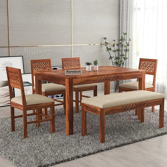 Solid Sheesham Wood Dining Table Set 6 Seater | Wooden 6 Seater Dining Table Dining Area Living Room | 4 Chair & 1 Bench | Hotel/Restaurant Dining for Six People | CNC | Honey Finish