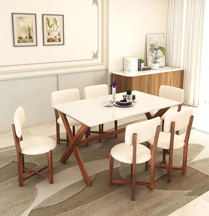 MURALICRAFT Sheesham Wood 57" Dining Table 6 Seater | Marble Finish Six Seater Dinning Table Set with 6 Upholstered Dining Chairs | Table Top: Premium HDMR Wood | Chair: Round Edge | White & Honey