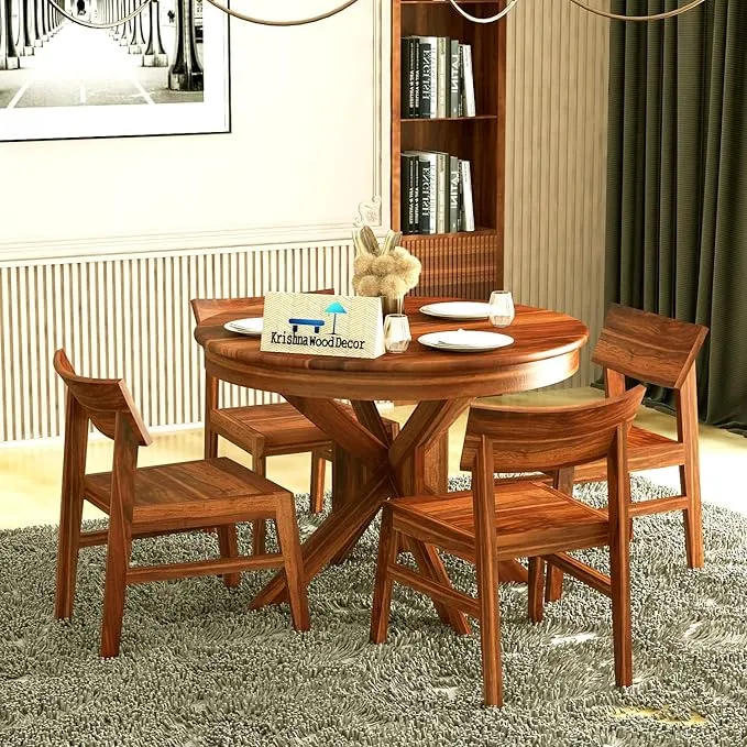 Krishna Wood Decor Sheesham Wood Round Dining Table Set 4 Seater