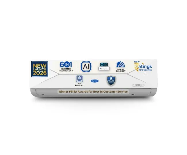 Carrier 1 Ton 5 Star, New Star rated, Wi-Fi Smart Flexicool Inverter Split AC (Copper, Convertible 6-in-1 with Wi-Fi with Geo-Fencing,Smart Energy Display, ESTER EDGE Gxi WiFi-CAI12EE5R36W0, White)