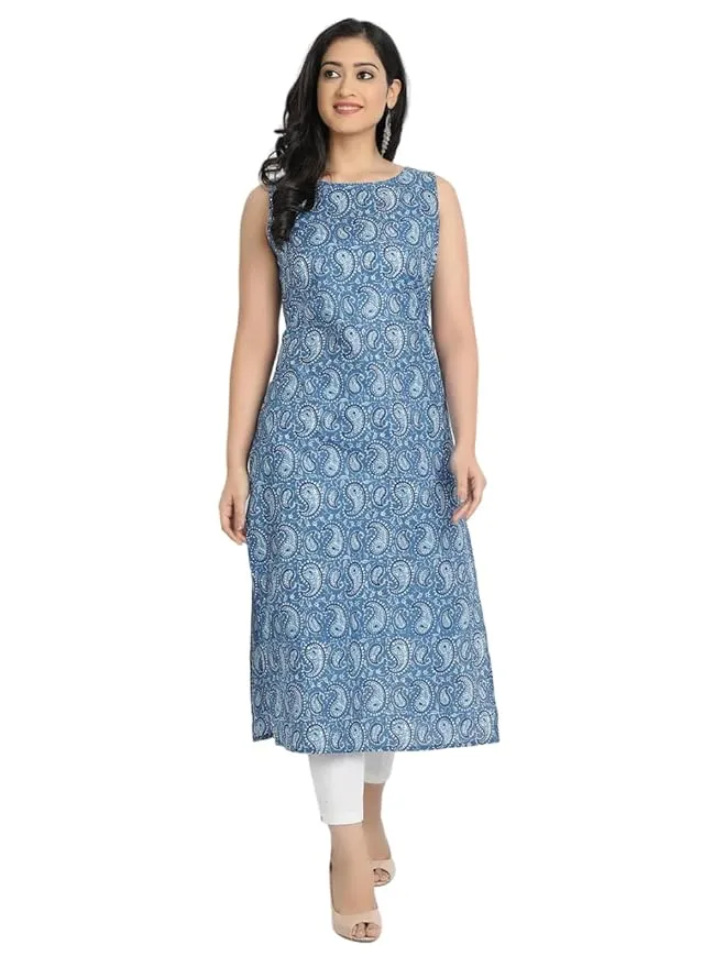 Womens Cotton Blend Floral Printed Sleeveless Kurta for Girls & Women  Casual Ethnic Wear Kurti (Pack of 1)