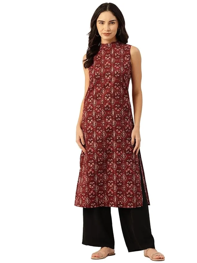 feranoid Unique Printed Choker Neck Back Button Sleeveless Long Kurti