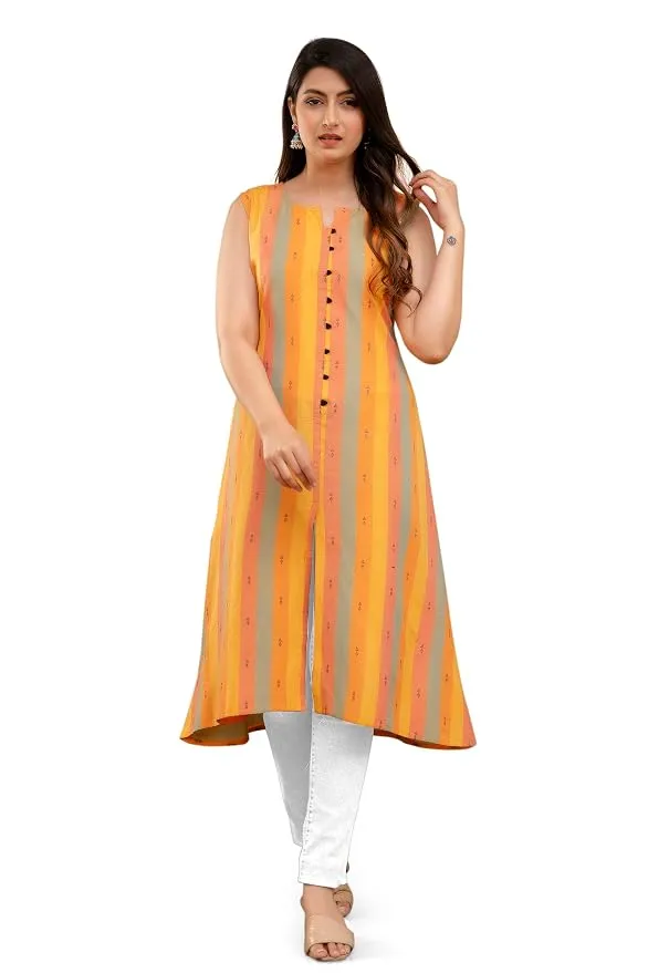 Women's Sleeveless Boat Neck(U Shape) A-line Calf Knee Length S to 2XL Size Cotton Kurti.(1471)