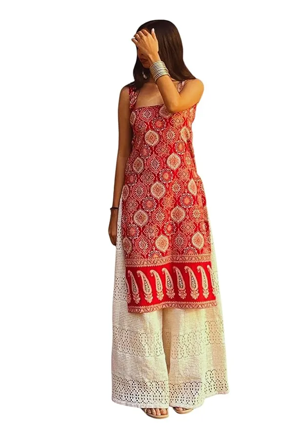 Women's Sleeveless Ajrak Print Kurti, Pure Cotton Straight Fit Straight Cambric Jaipuri Printed Kurti