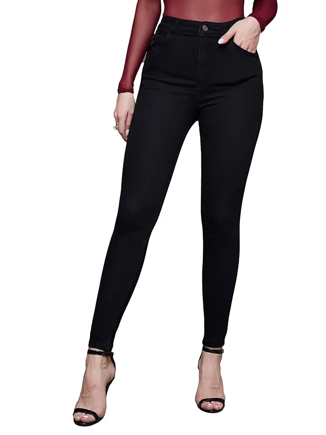 Miss Chase Women's Skinny High Rise Cropped Fringed Hemline Detailing Stretchable Denim Jeans
