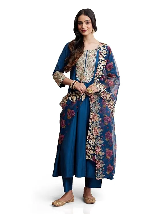 Amazon Brand - Myx Women's Embroidered Anarkali Kurta Suit Set 