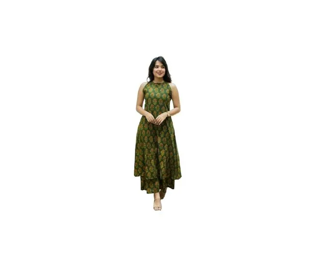 Nermosa Women Pure Cotton Kurta Palazzo Set | Sleeveless Printed Kurta with Palazzo Pants | Summer Friendly, Office Wear Co-Ord Set