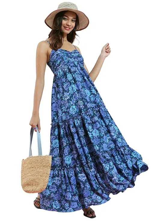 Tokyo Talkies Womens Shoulder Straps Floral Printed Maxi Dress