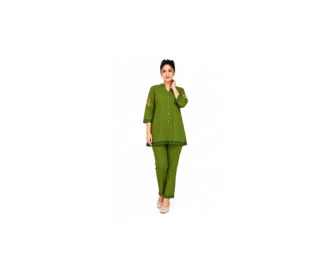 Women's Pure Cotton Co-Ord Set, Green Kurta with Pant, Floral Embroidered 3/4 Sleeve, Stylish Pocket Design