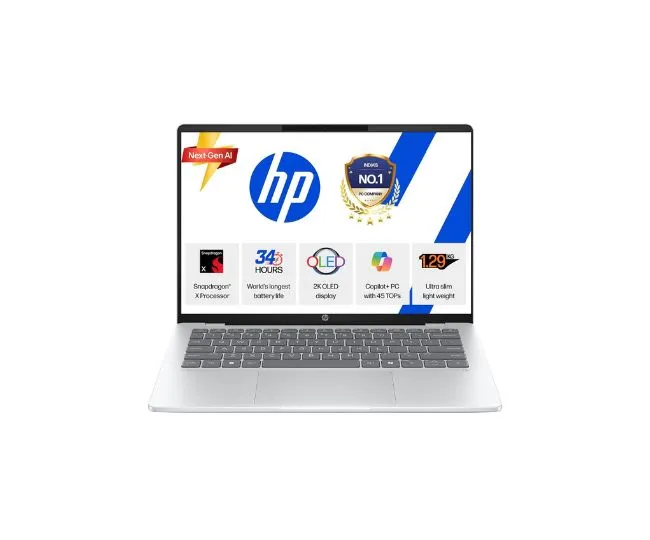 HP OmniBook 5 OLED (Previously Pavilion), Snapdragon X Processor 45 Tops (16GB LPDDR5x, 512GB SSD), 2K 14''/35.6cm, Win11, Office24, Silver, 1.29kg, he0014QU, Multi-Day Battery, AI Laptop