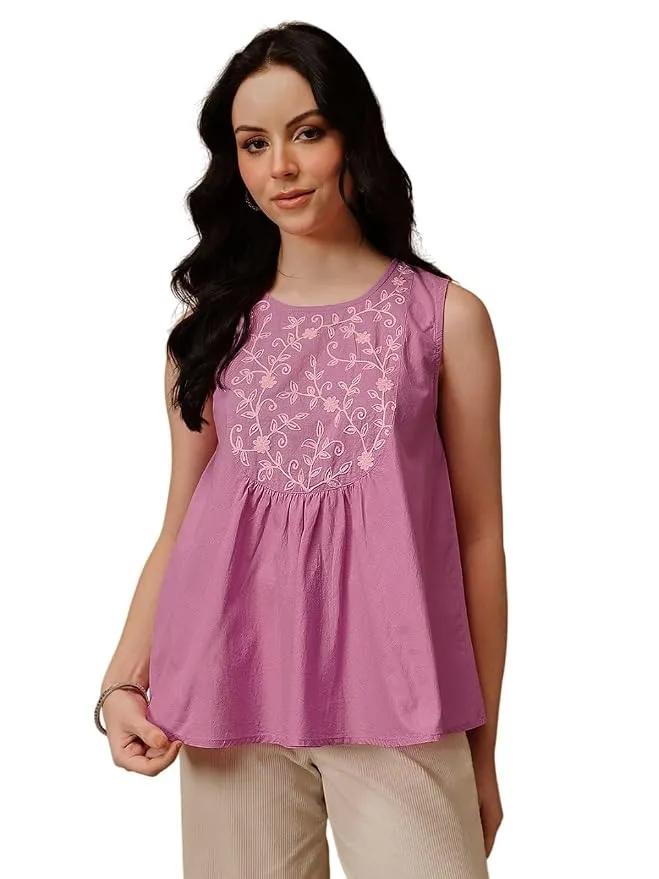 QAZMI Women's Aari Embroidered Sleeveless Short Kurti