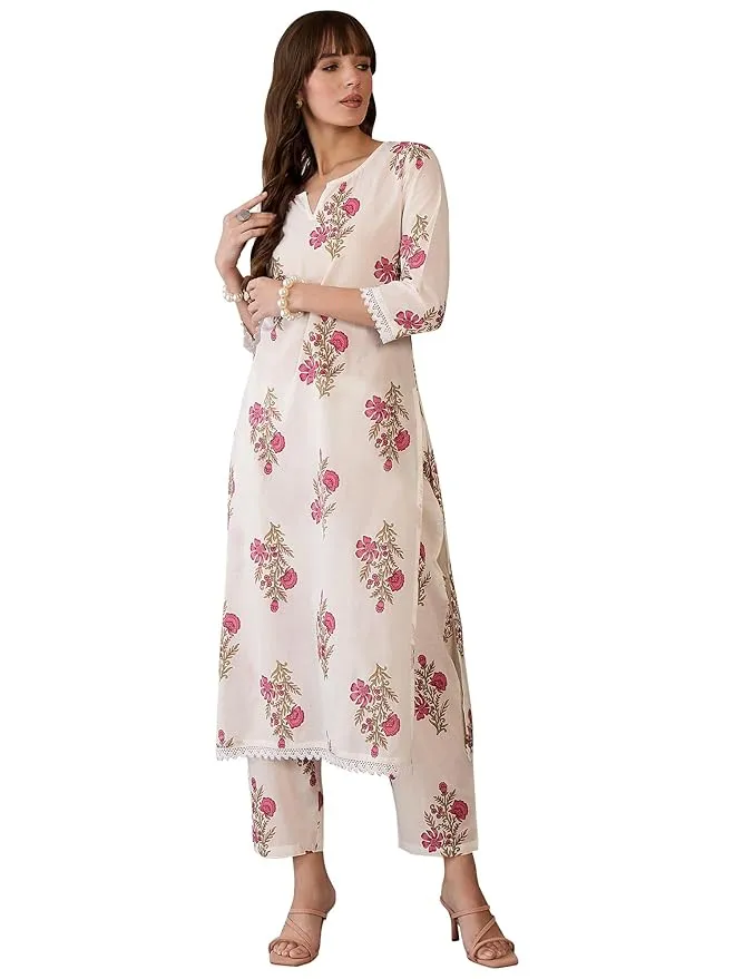 INDO ERA Women's Cotton Ethnic Co-Ord Set | Kurta Pant Set | Stylish Cotton Suit Set for Women | Co Ord Set For Women Stylish 