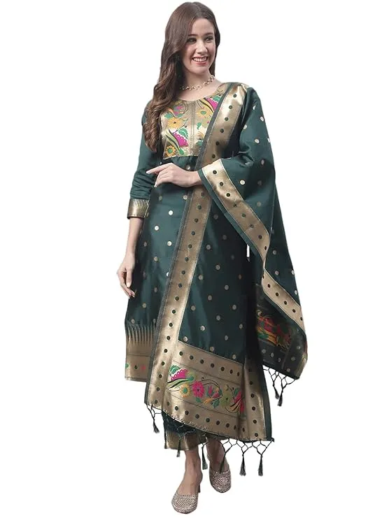 VredeVogel Women's Cotton Silk Jacquard Straight Kurta with Pant & Banarasi Silk Dupatta Set