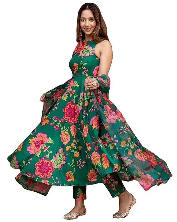 ANNI Designer Women's Cotton Blend Anarkali Printed Kurta with Pant & Dupatta