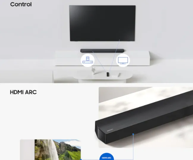 Samsung 370 W 3.1 ch Soundbar with Dolby Audio | DTS Virtual:X | Q-Symphony | Center Speaker | 3D Surround Sound | HDMI ARC | Optical in | Bluetooth | USB | Wireless Subwoofer (HW-B650F/XL, Black)