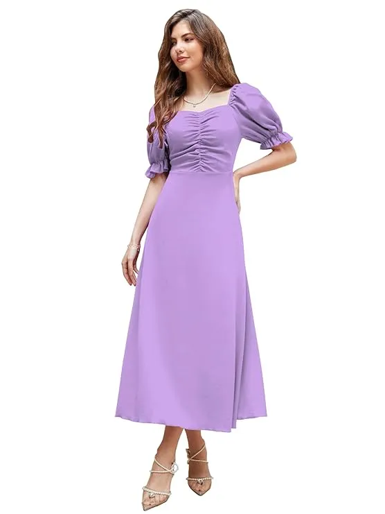 Shasmi Girl's & Women's Solid A-Line Ruched Puff Sleeve Maxi Long Evening One Piece Long Dress for Women Stylish (Dress 131)