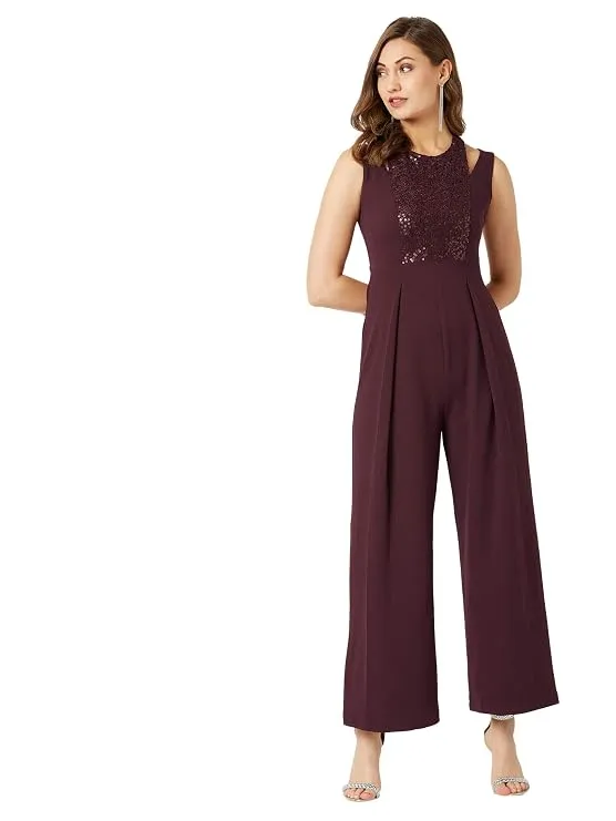 Miss Chase Women's Halter Neck Sleeveless Solid Wide Leg Sequin Paneled Regular Length Jumpsuit