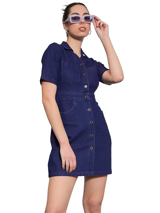 Sassafras Womens Mini Short Sleeves Blast Denim Front Button  Casual Streetwear Denim Dress