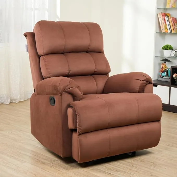 Solis Royale 1 Seater Recliner Sofa Chair Suede Fabric | Hush Puffy Manual Recliner Lounge Sofa for Relaxing | Comfortable Cushioned | Living Room Bedroom Home,Office (LITE Brown, Cushioned)