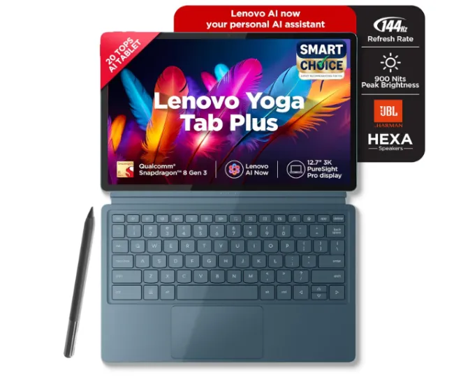 Lenovo Yoga Tab Plus Smartchoice AI Tablet with Pen + Keyboard |12.7" Display, 3K Resolution, 144 Hz|16GB RAM, 512GB ROM|Snapdragon 8 Gen 3|10200 mAh|6 Speakers|USB 3.0 with DP-Out|1Year ADP Free|Teal
