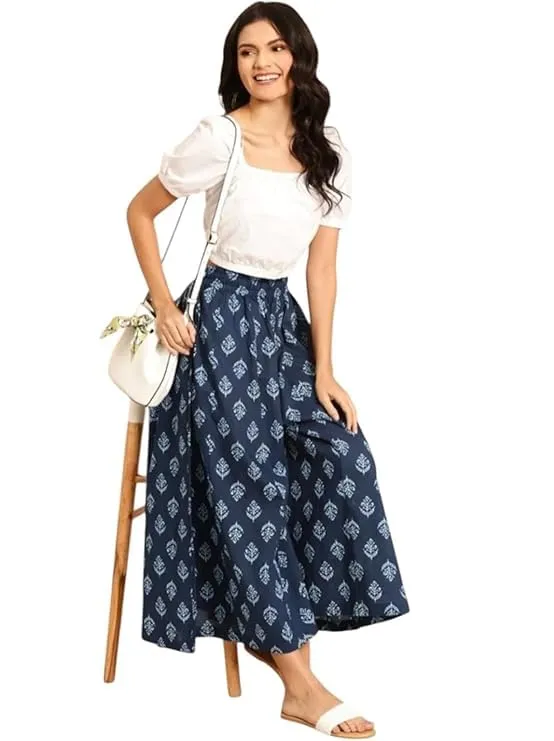 Women Navy Blue & White Printed Flared Palazzo Pants