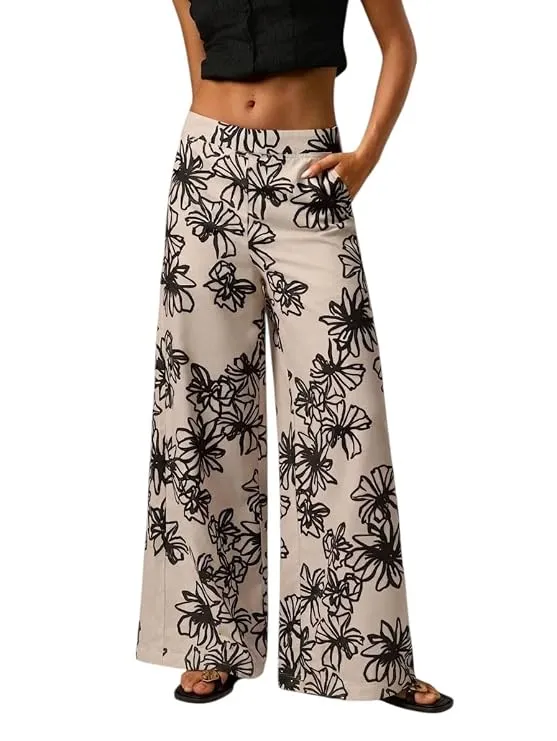 OOMPH! Women Floral Printed Wide Leg Trousers with Elasticated Waist | Trouser for Ladies | Relaxed Fit Westernwear |Women's Pants | Palazzo Plazo Pant for Womans Loose Fit Baggy Trousers