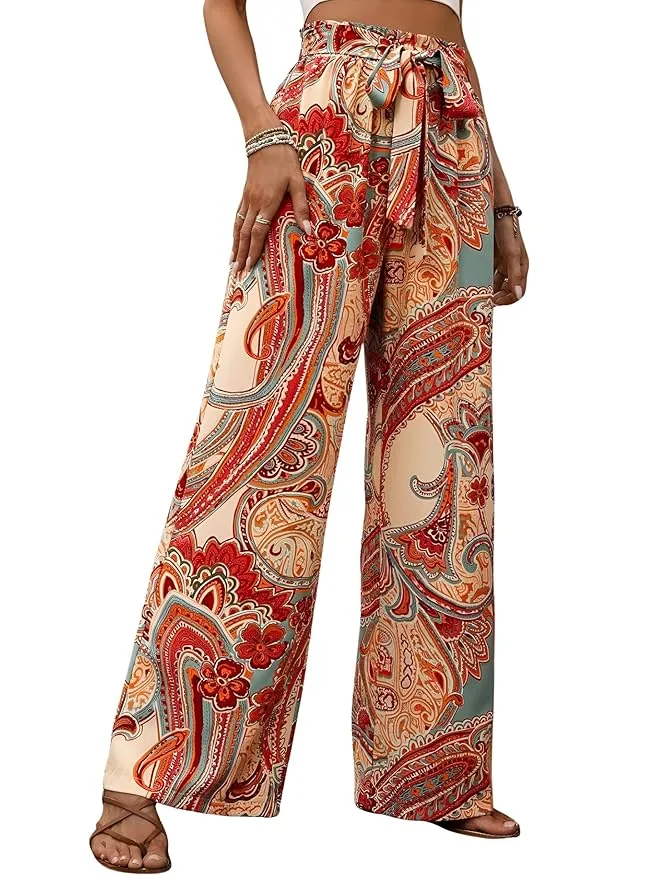 GRECIILOOKS Boho Printed Wide Leg Palazzo Pants for Women, Flowing High Waist Rayon Trousers for Beach, Vacation, Lounge, and Summer Style