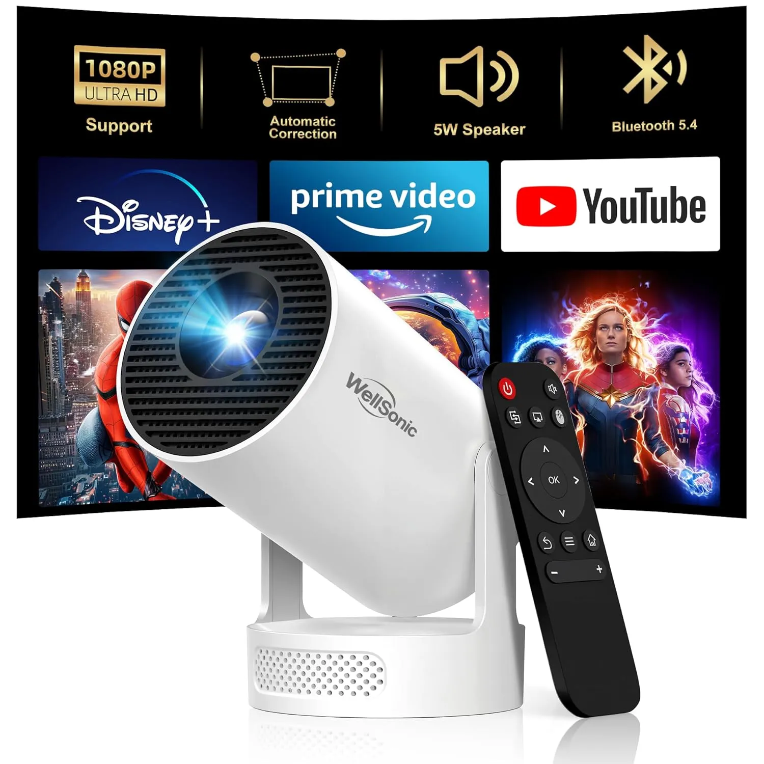 Mini Projector with WiFi and Bluetooth, Portable Projector 4K Support, Android 11, 5W Soundbase Speaker, 180 Rotation, Auto Keystone Correction, Smart Proyector for Movie Home Outdoor