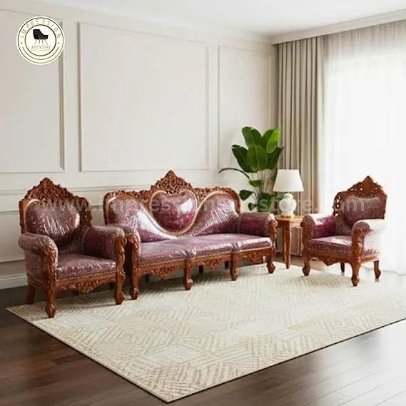 Sofa Set 5 Seater for Living Room with Silk Fabric Handcarving Design