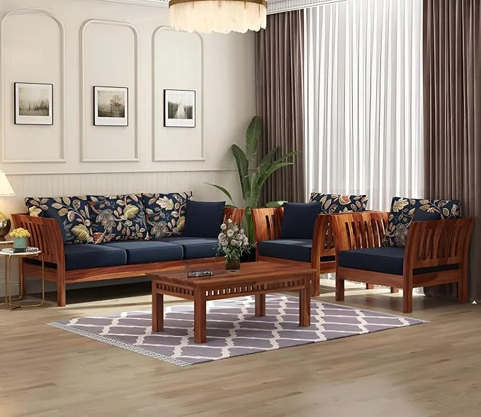 Sheesham Wood 5 Seater Sofa Set For Living Room Home Office | 3+1+1 Solid Wood Sofa Set Furniture | Wooden Sofa Set 5 Seater, Honey Finish, Brown