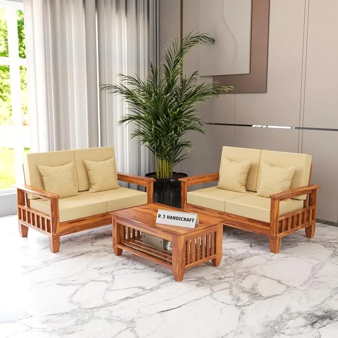 Sheesham Wooden 4 Seater Sofa Set for Living Room | Rosewood 4 Seater Cushion Sofa Set with Side Newspaper Holder for Home & Office | Solid Wood Sofa for Lounge (Honey, 2+2 Seater)