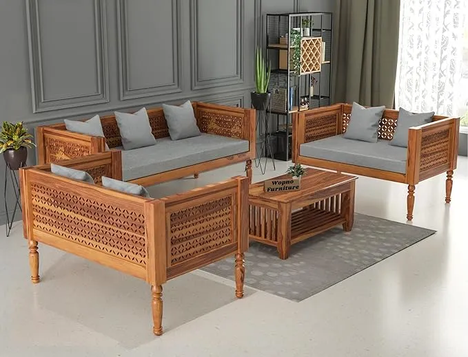 Sheesham Wooden 7 Seater Sofa Set for Living Room | Solid Wood Sofa Set Without Small Pillow for Lounge (Honey with Grey Cushion, 7 Seater)