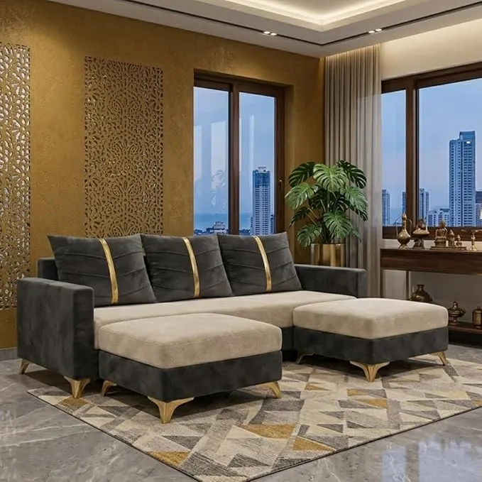 Caviar 5 Seater L Shape Sofa Set with 2 Movable Ottomans