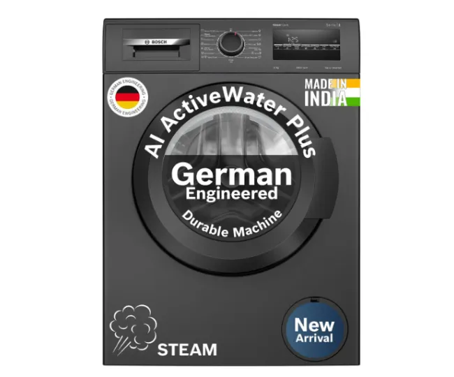 Bosch 8 kg 5 Star Front Load Fully-Automatic Washing Machine, AI ActiveWater,15 Wash Programs, Removes 99.9% Germs with Steam, No Tangle or Wrinkle, Zero Vibration, Black/Grey, WAJ2826CIN