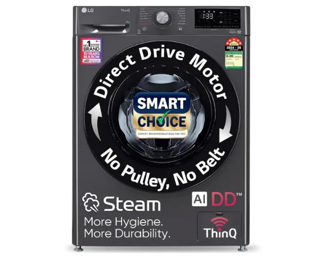 LG Smart Choice, 9 Kg, 5 Star, AI Direct Drive Technology, Steam, 6 Motion DD & Wi-Fi Fully-Automatic Front Load Washing Machine (FHP1209Z5M, Intelligent & Convenient Fabric Care, Middle Black)