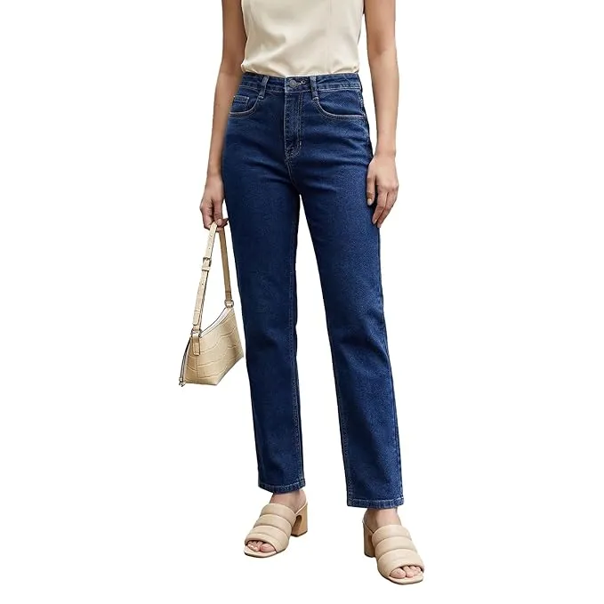 Urbano Fashion Women's High Rise Straight Fit Washed Jeans Non-Stretchable