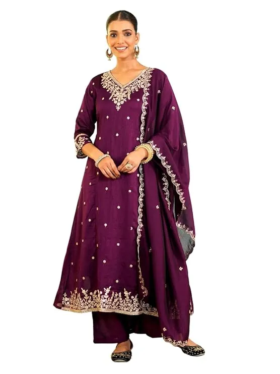 Naixa Women's Vichitra Silk Embroidered A-Line Kurta with Pant and Dupatta Sets (NX-845)