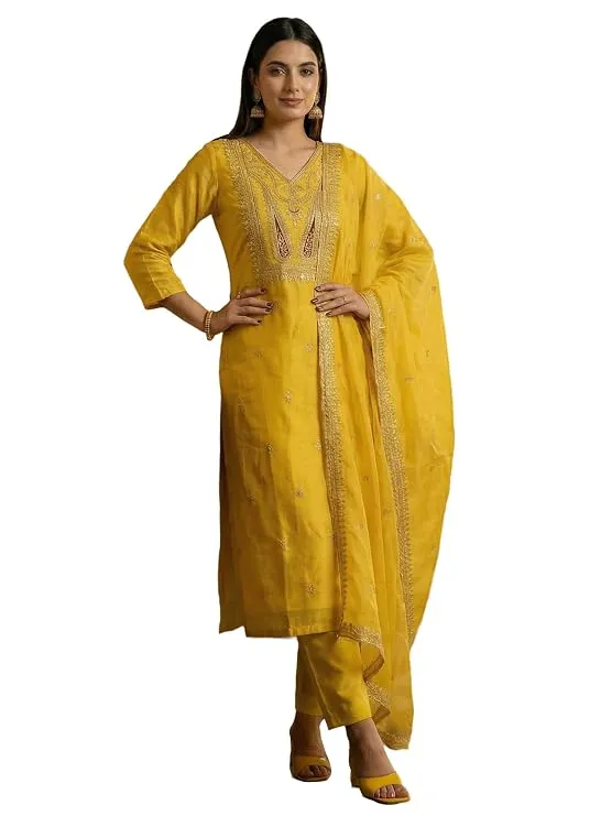 INDO ERA Women's Silk Blend Embroidered Thread Work Straight Kurta & Pant with Dupatta Set | Kurta Sets For Woman