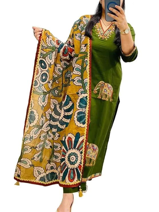 BHARVITA Women's Cotton Embroidered Anarkali Kurta and Palazzo with Dupatta Set