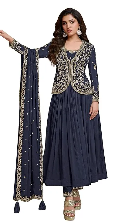 TRENDMALLS Women's Silk Blend Embroidery Sequence Work Anarkali Kurta Pant Set with Dupatta For Women
