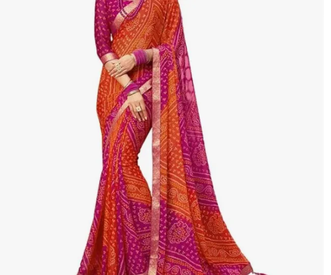SIRIL Women's Bandhani Printed Chiffon Saree with Blouse