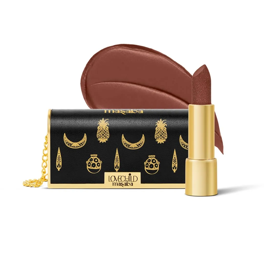 LoveChild Masaba "The Batua" Lipstick, Spicy Imli (Dark Brown) Rich Satin Finish Lipstick with Built-in Mirror, Hydrating, Nourishing Formula with Jojoba Oil, 4g