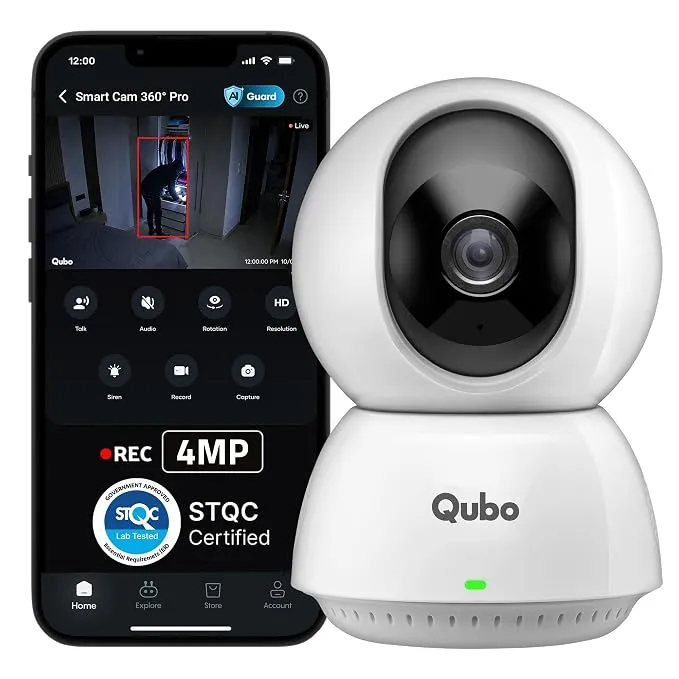 Qubo Smart Cam 360 by Hero Group [2026 Edition]| 4MP | Color Night Vision | 360 Panoramic Monitoring | 2-Way Talk | AI Person Detection | microSD & Cloud Support