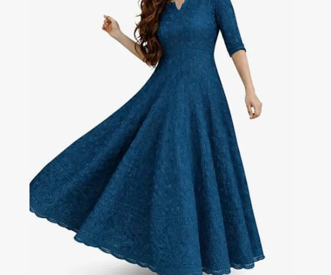 LookMark Women's Chikankari Embroidered Ethnic Gown, Ankle Length Flared Dress, 3/4 Sleeves, Traditional Indian Wear