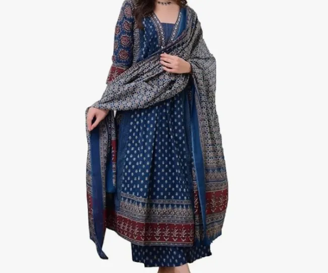 KLOSIA Women's Rayon Printed Anarkali Kurta and Pant with Dupatta Set